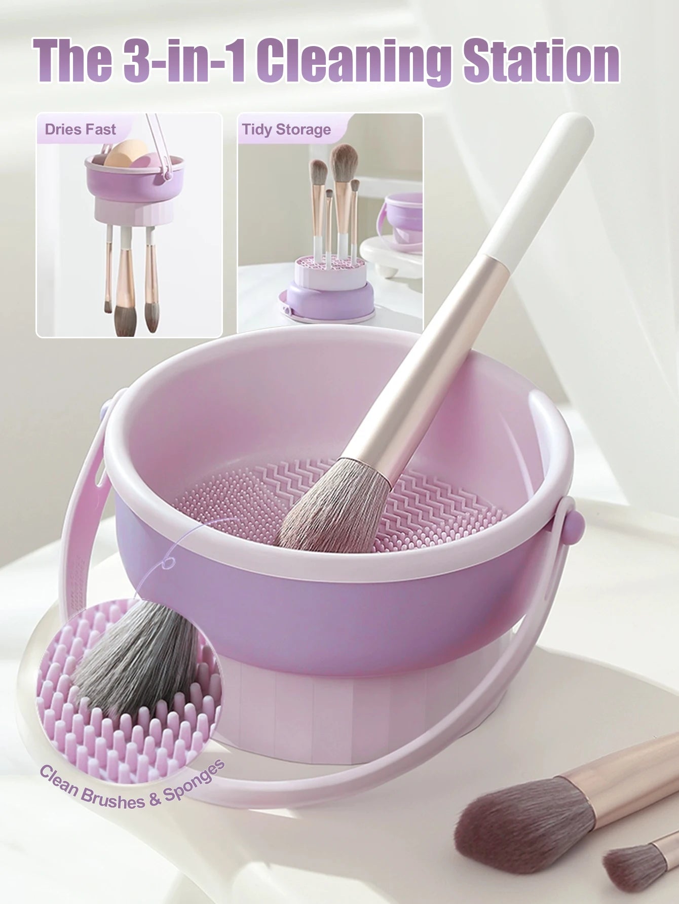 3 in 1 Makeup Brush Cleaner Dryer Organizer Silicone Wash Station & Storage Mat for Cosmetic Brushes Beauty Blender Sponges