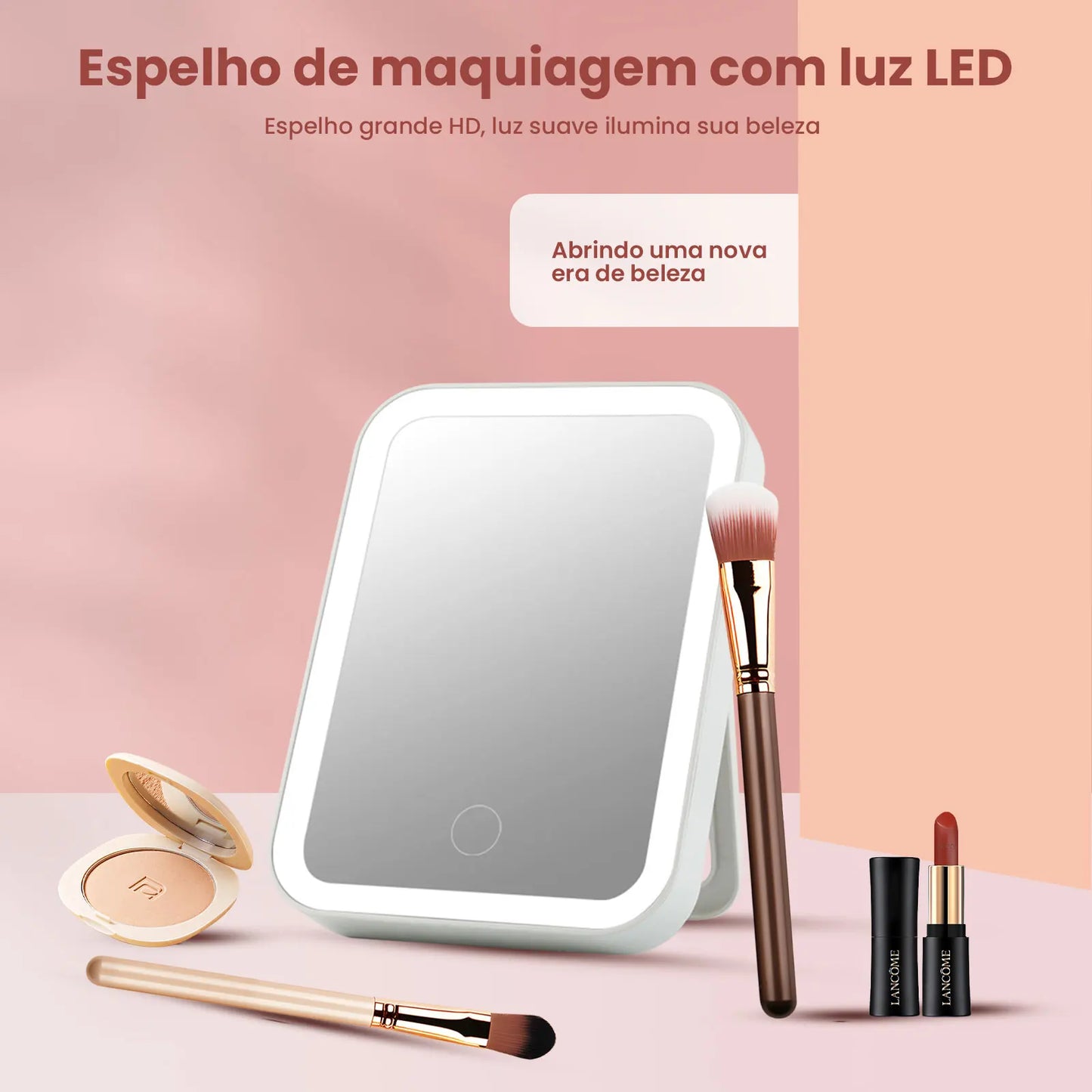 Espelho LED Maquiagem Portátil 3 em 1 com Aumento 5x e 10x, Luz Natural Recarregável para Bolsa e Viagem