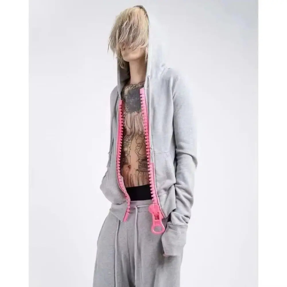 Y2K street Harajuku loose oversized zipper multi-pocket hoodie American fashion trend solid color oversized hoodie for women