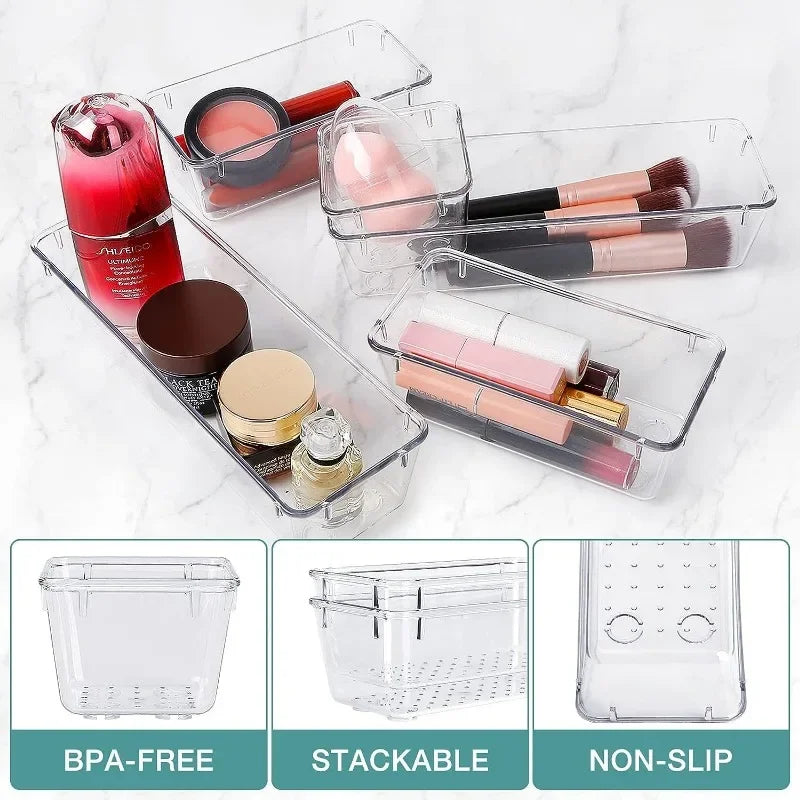 Clear Plastic Drawer Organizers 4 Sizes Makeup storage Bins Home Dresser Office Kitchen Drawer Separator sundries Organization