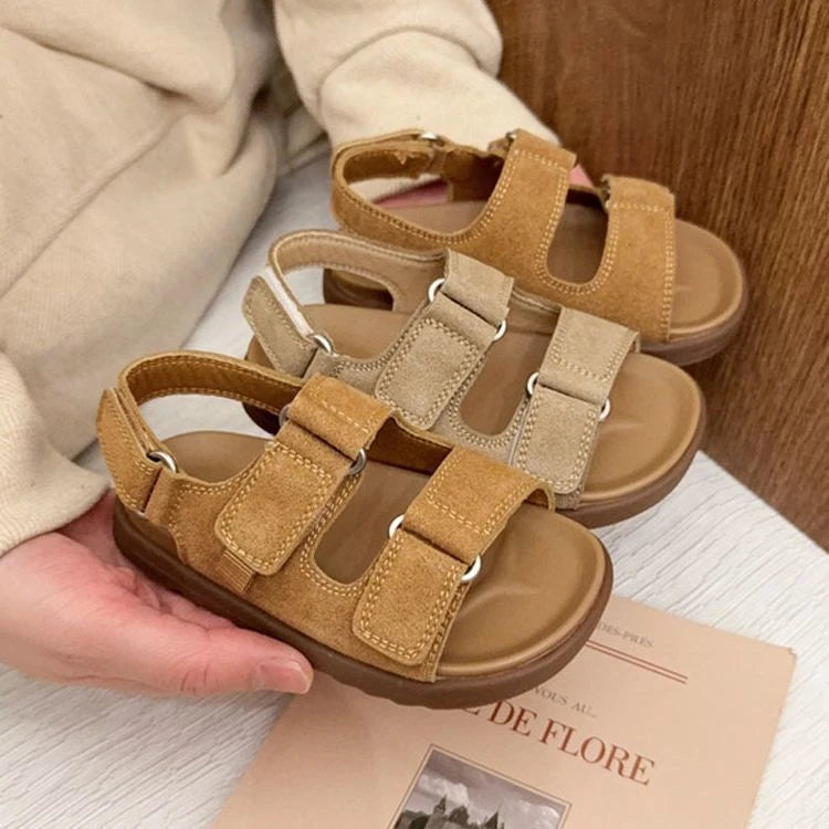 2026 Spring Summer New Fashion Boys Girls Sandal Simple Solid Color Children's Suede Outdoors Non-slip Open Toe Beach Sandals