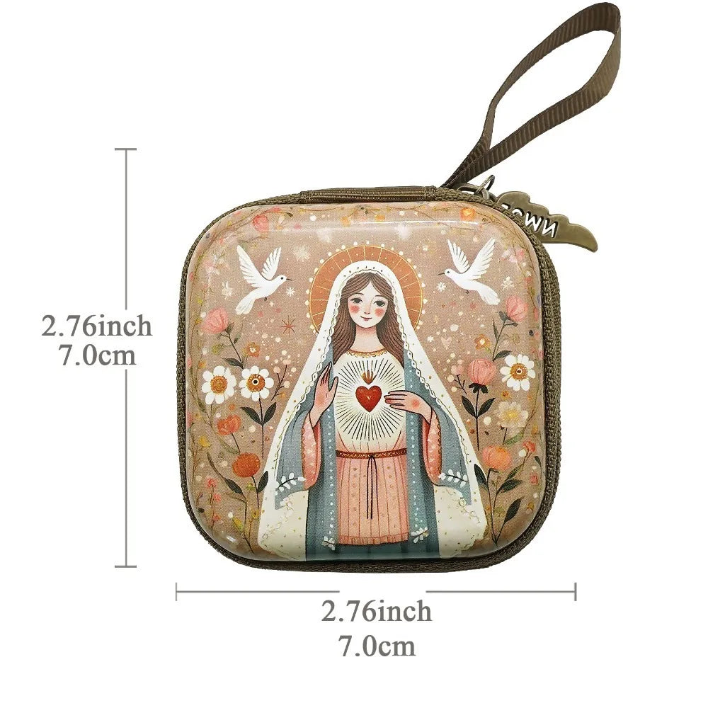 Portable Virgin Mary Prayer Rosary Storage Bag 7x7cm Zippered Religious Articles Cartoon Elegant Prayer Kit Devotees