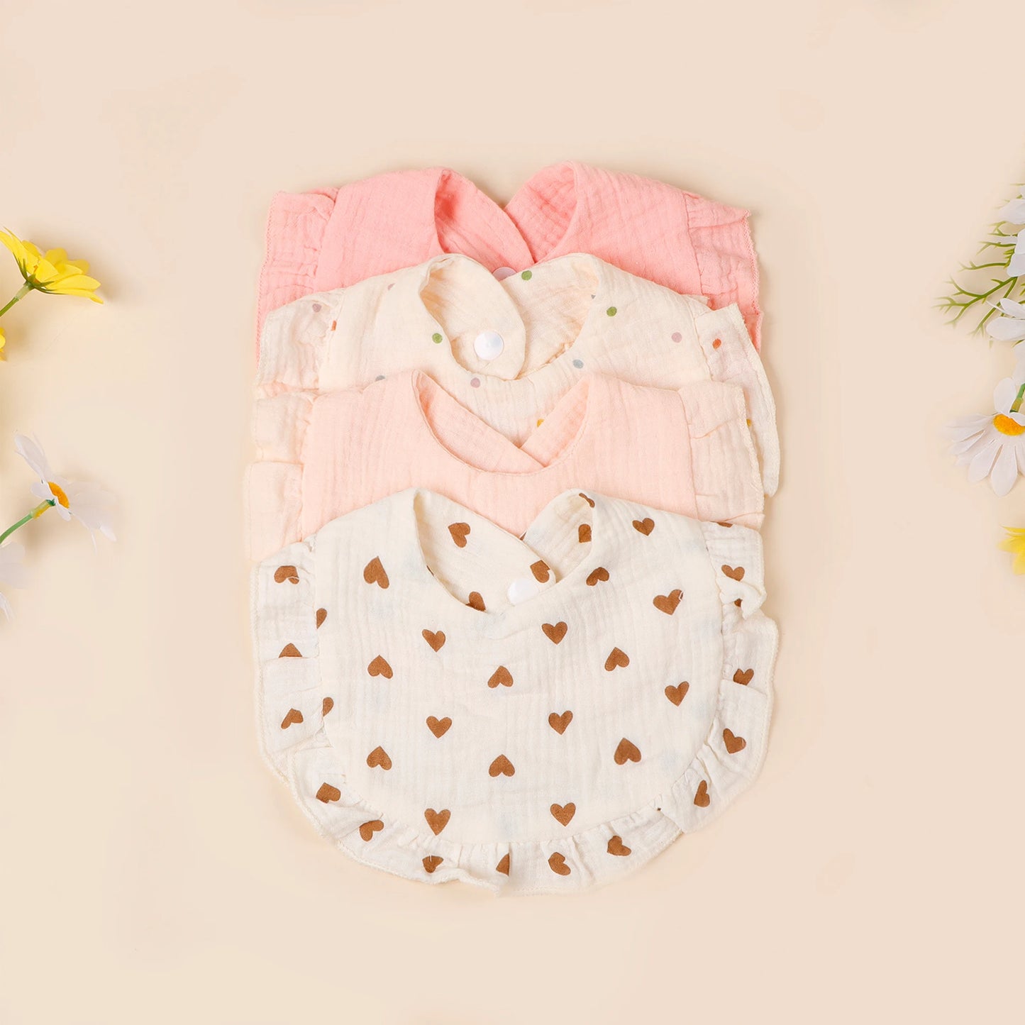 4pcs/set Children Bib Set Cotton Muslin Toddler Baby Comfort Saliva Color Dorp Shape Towel Solid With Button Kid Bibs