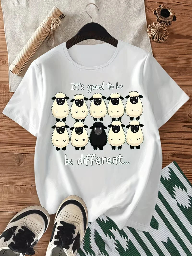 It'S Nice to Have a Loose-Fitting, Casual Sports T-Shirt Round Neck Short Sleeves Featuring Many Lines of Text And Little Sheep