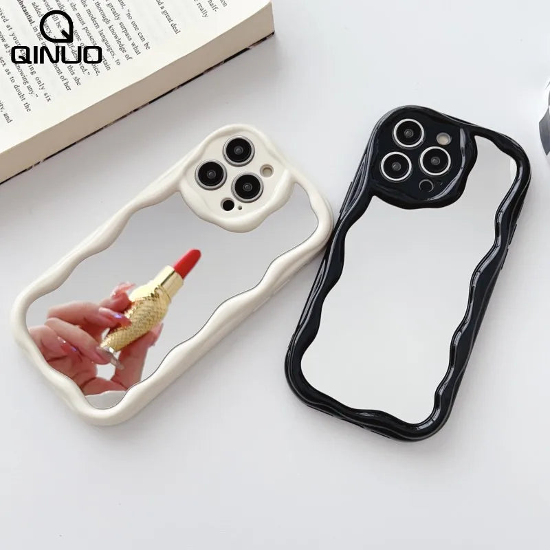 Luxury Curly Wave Makeup Mirror Case For iphone 15 14 Plus 11 12 13 Pro Max Mini XR XS Max 7 8Plus Clear Mirror Shockproof Cover