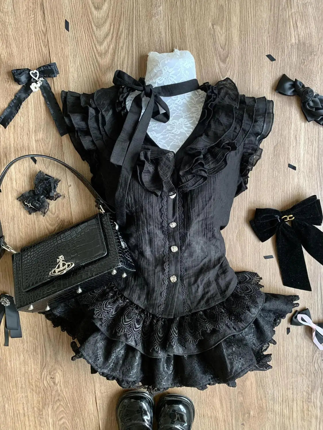 Japanese Subculture Gothic Black 2 Piece Set Women Ruffle Design Top + Mini Cake Skirt New Vintage Slim Sweet JK Y2K Outfits