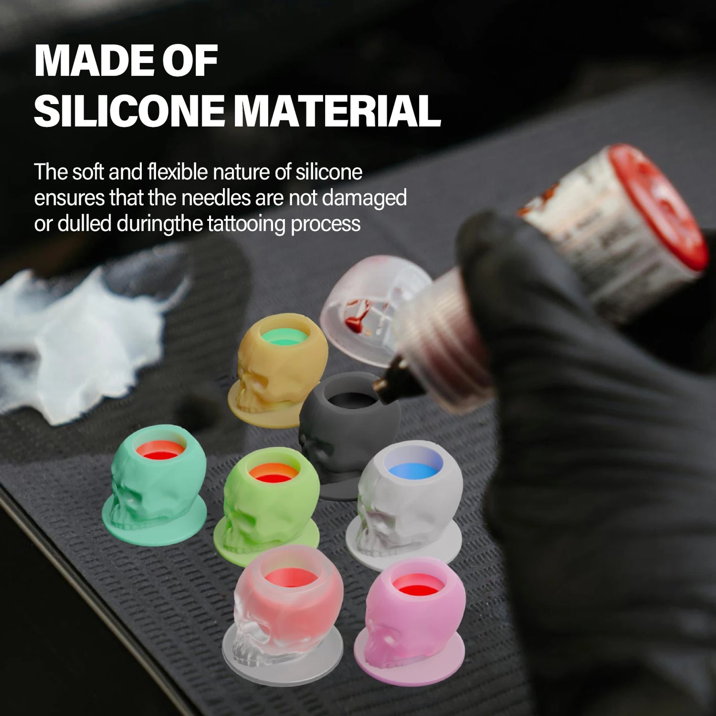 200Pcs Disposable Tattoo Silicone Skull Ink Cup Permanent Makeup Pigment Holder Container Cap Tattoo Ink Accessories for Artist