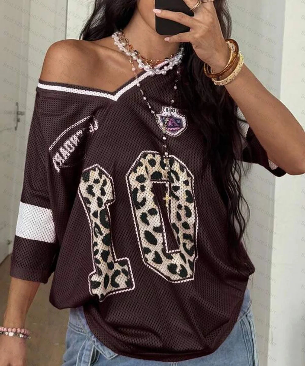 Women's Numeric Print Short Sleeve Mesh Colorblock Loose Fit Sports T-Shirt Spring Summer Graphic Tees Women Sexy Sports Tops