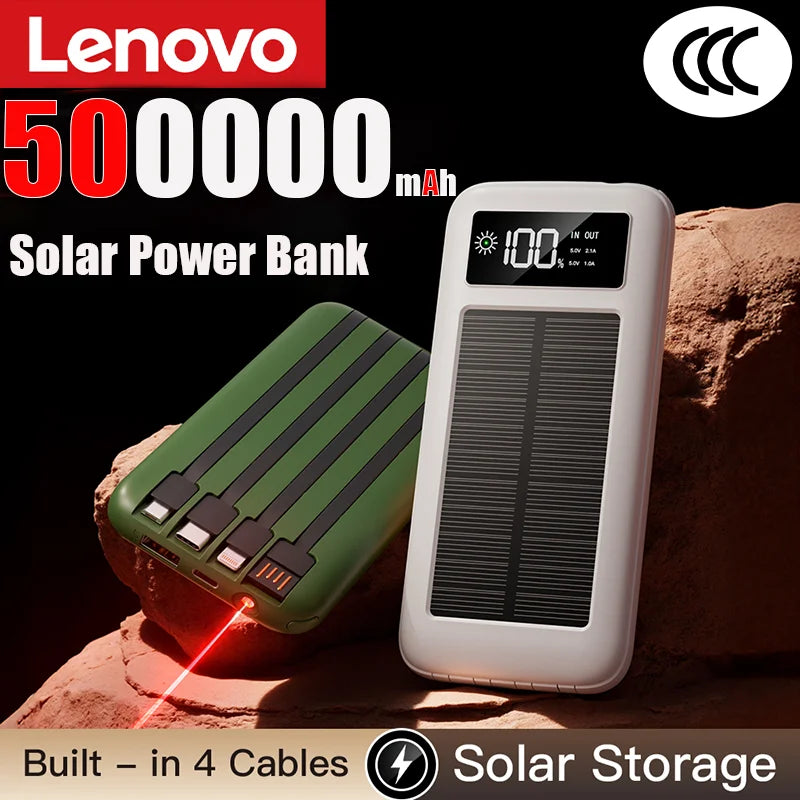 Lenovo 500000mAh Power Bank Solar Charge Portable Large Capacity Digital Display Mobile Powerbank for iPhone Huawei Samsung New