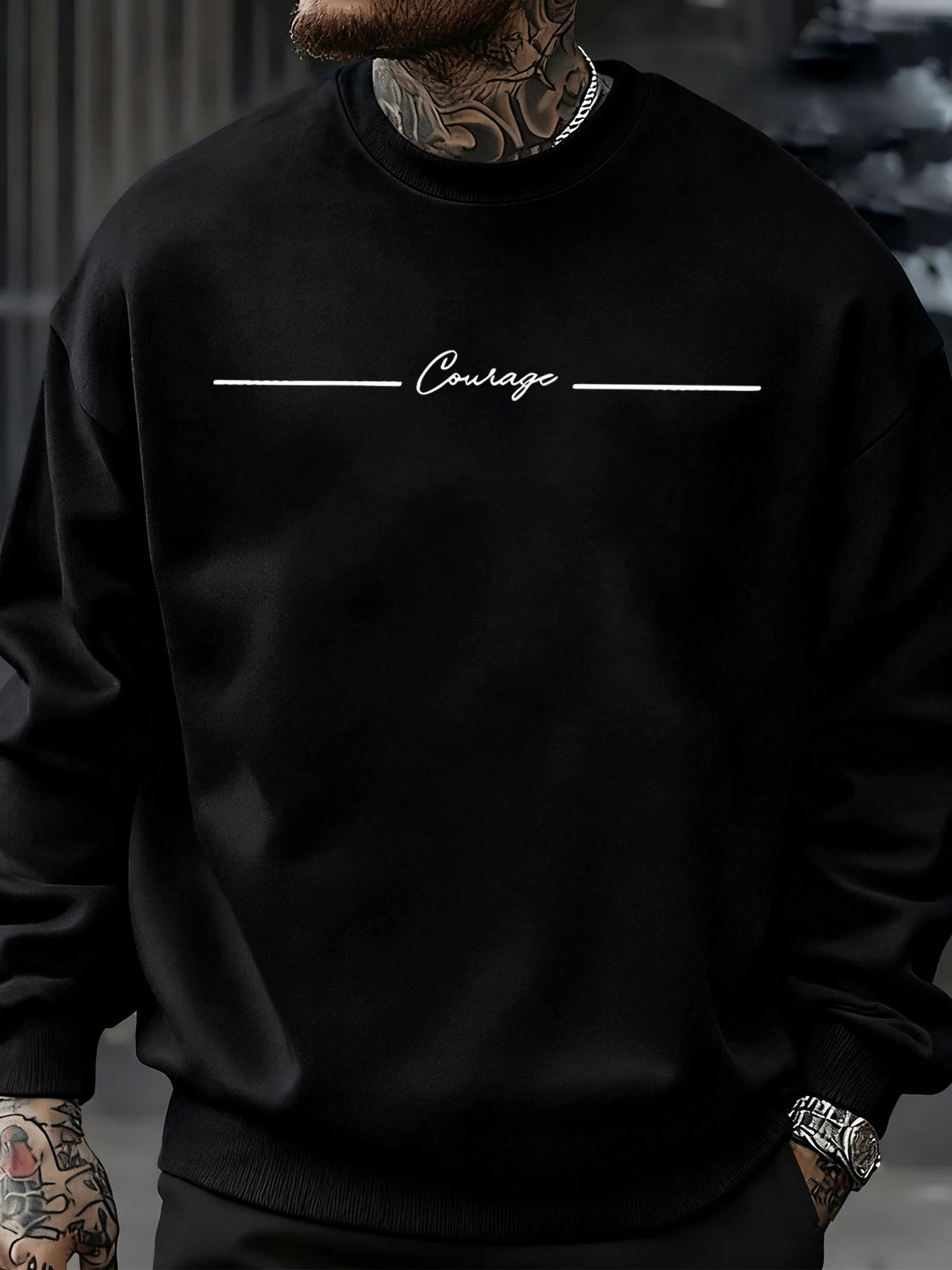 Courage Simple Line Pattern Men Sweatshirt Hip Hop Autumn Pullover All-Match Crewneck Clothing Fleece Casual Fashion Tops