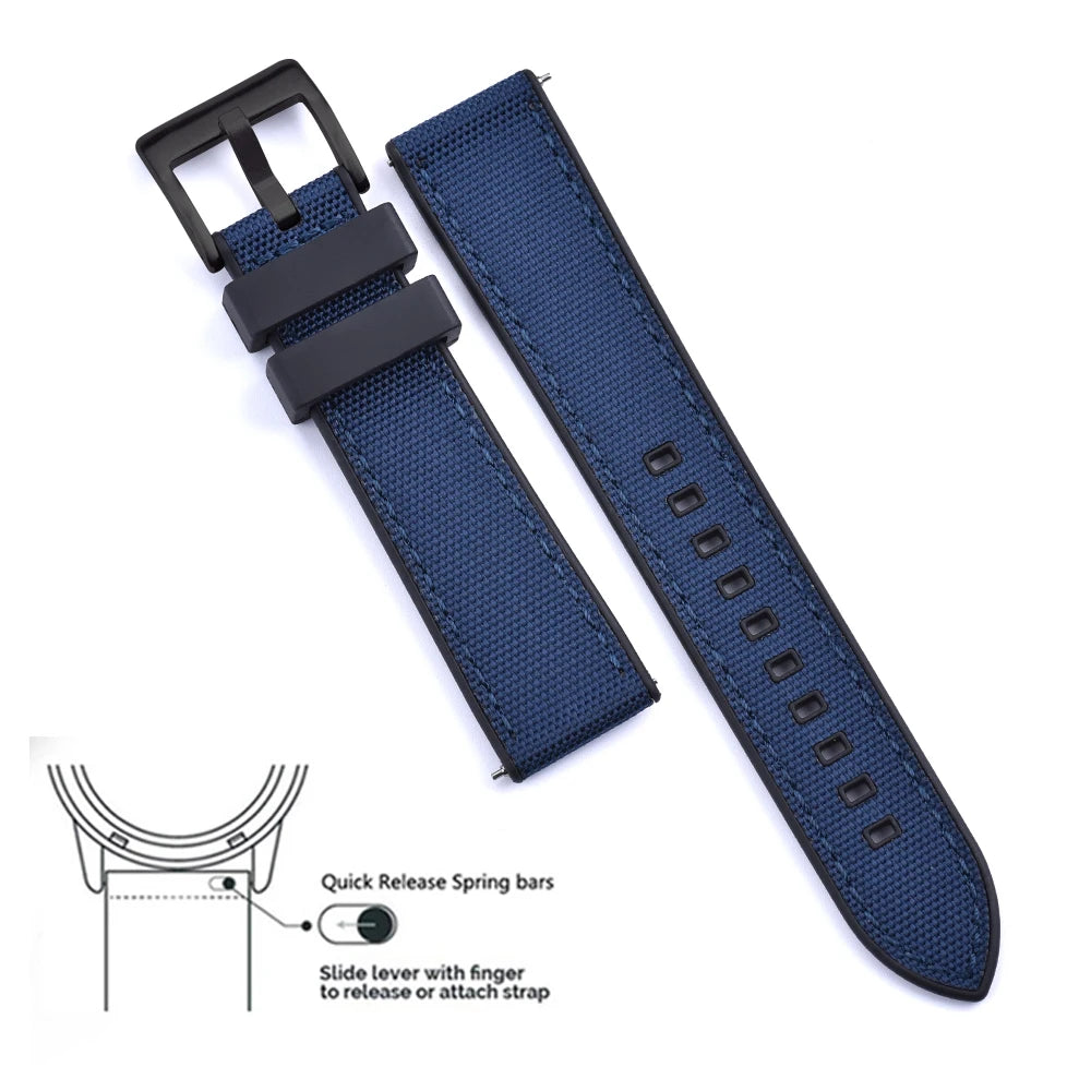 High Quality FKM Canvas Watch Strap 20mm 22mm Hybrid Fluoro Rubber Nylon Watchbands Quick Release For Each Brand Diving Watches