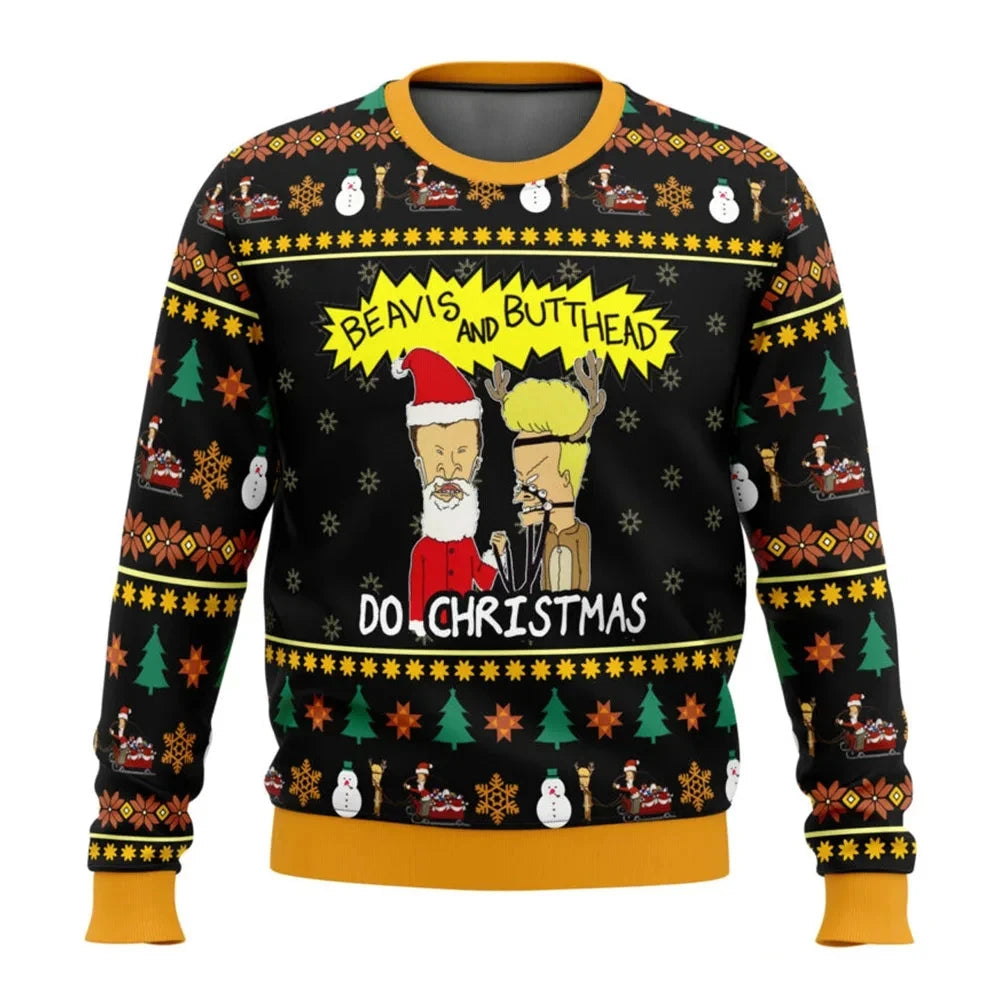 Xmas Rock Beavis and Butthead Ugly Christmas Sweater Cartoon Anime Women Men Pullover Tops New Fashion Couple Hoodie Sweatshirt