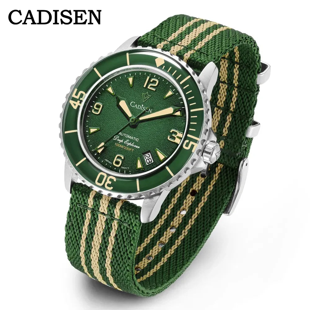 CADISEN Deep Explorer 2026 Green Automatic Mechanical Watch Man Canvas Strap Wristwatch 8215 Luxury Luminous Waterproof Watches