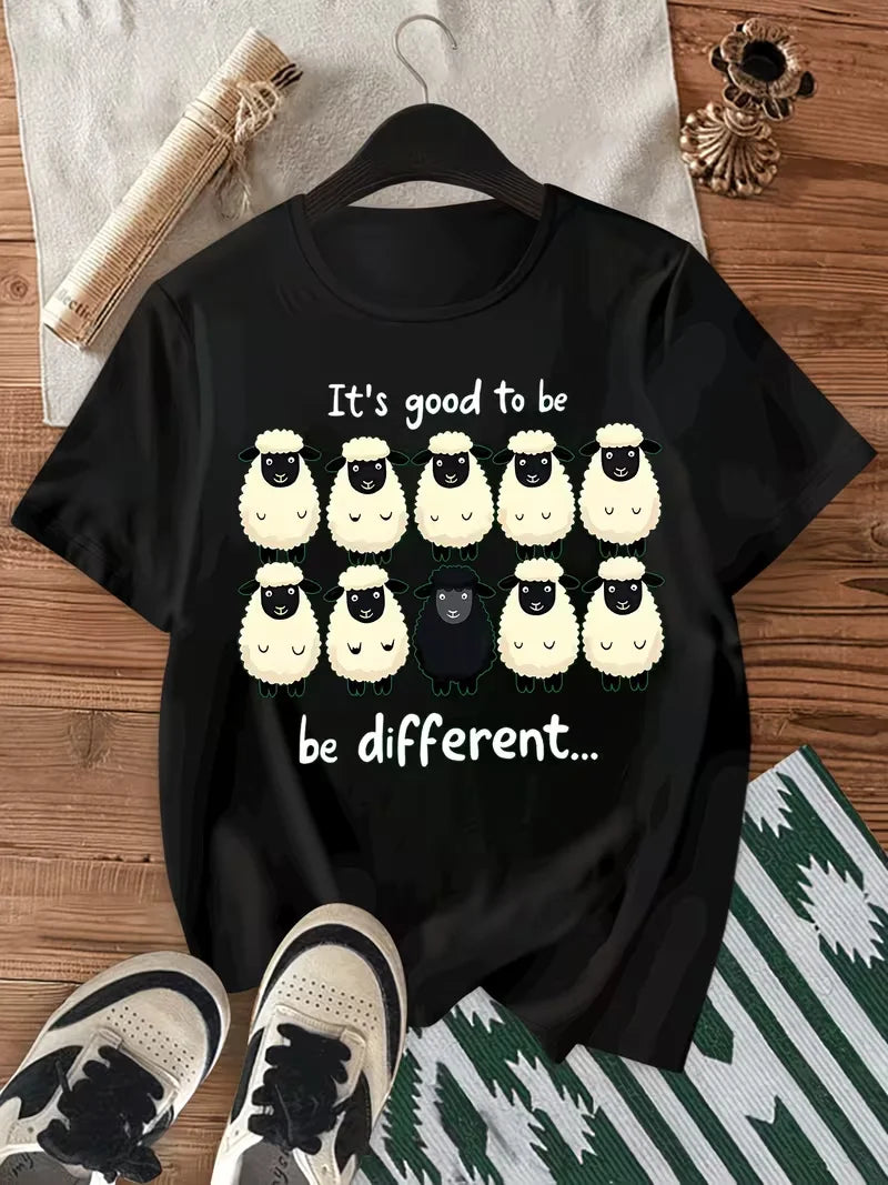 It'S Nice to Have a Loose-Fitting, Casual Sports T-Shirt Round Neck Short Sleeves Featuring Many Lines of Text And Little Sheep