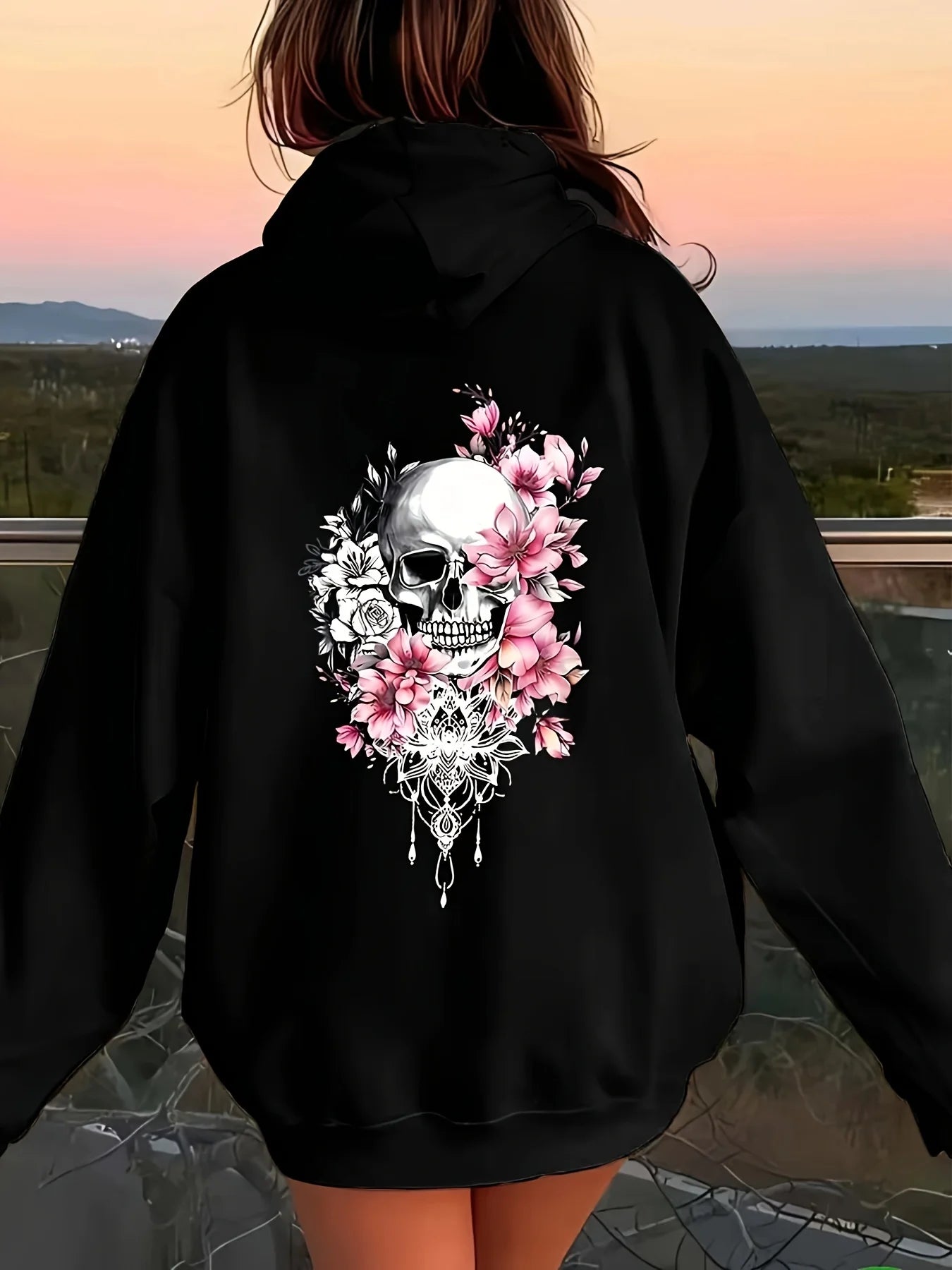 Women's autumn and winter casual loose Gothic skull and lotus print with plush warm long sleeved hooded sweatshirt