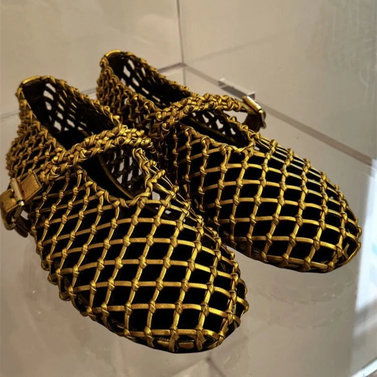 2025 Summer Ballet Shoes Women's Mary Jane Shoes Women's Flat Bottom Mesh Fishing Net Hollow Single Shoes Sandals