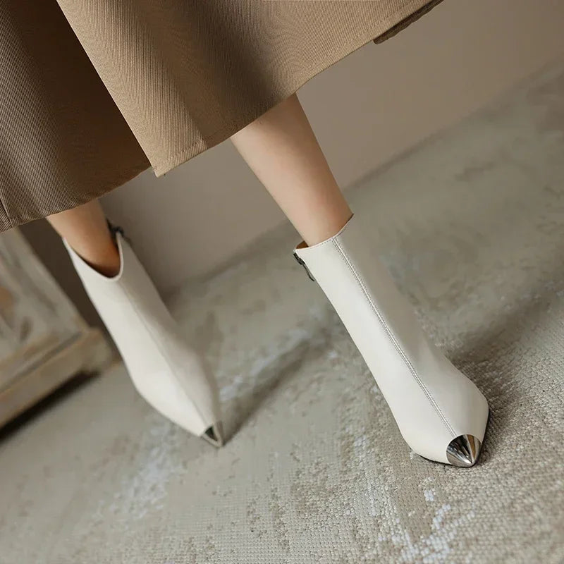 NEW Autumn Women Boots Modern Boots Women Shoes Pointed Toe Thin Heel Retro Ankle Boots High Heels Winter Ladies Shoes White