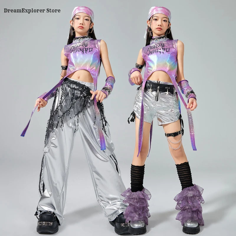 Girls Hip Hop Shiny Crop Top Silver Cargo Pants Kids K-pop Jazz Stree Dance Clothes Sets Children Streetwear Girl Group Costume
