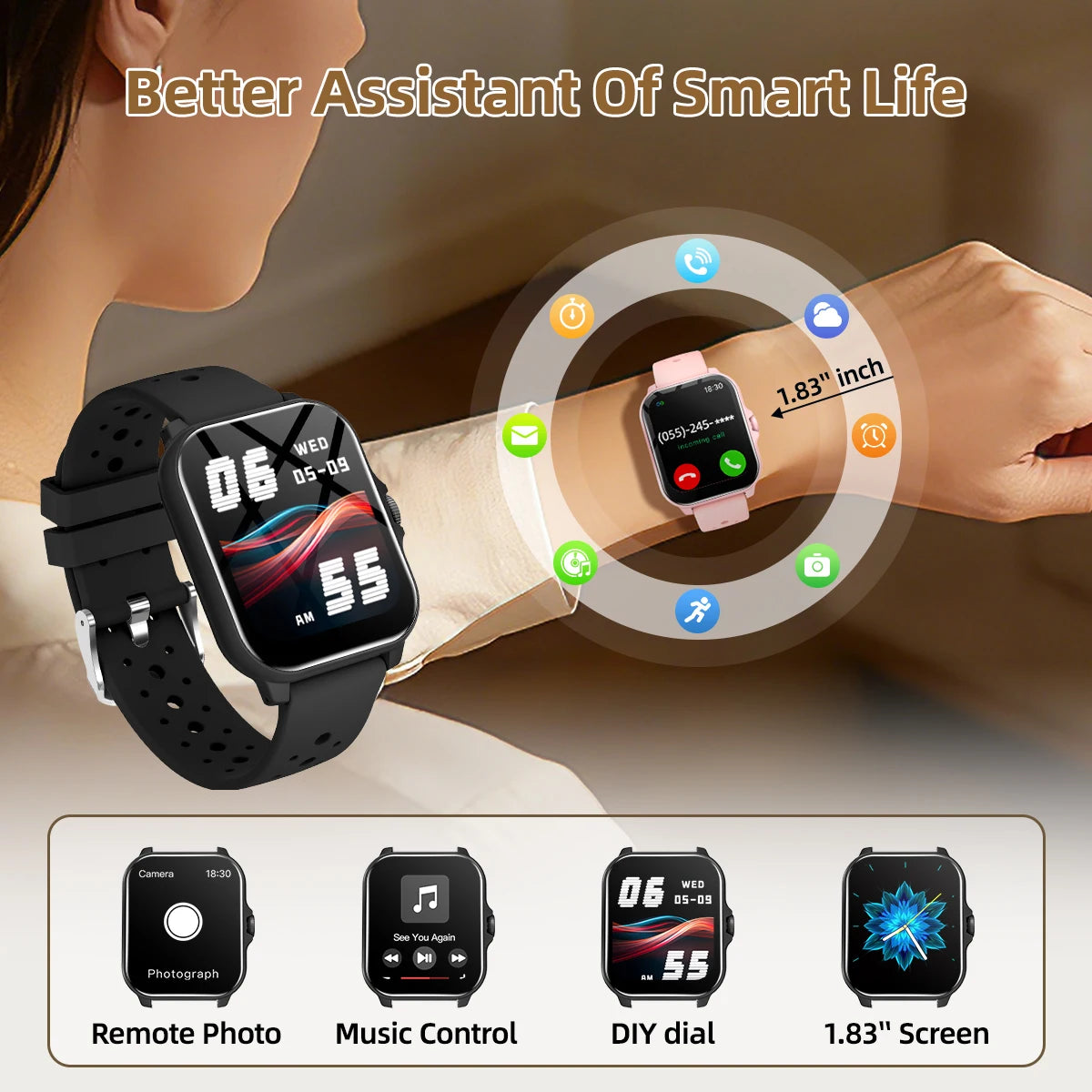 2026 1.83-inch Smartwatch Bluetooth Call Voice Assistant Music Player  Outdoor Sport Fitness Partner Data Records Men Women