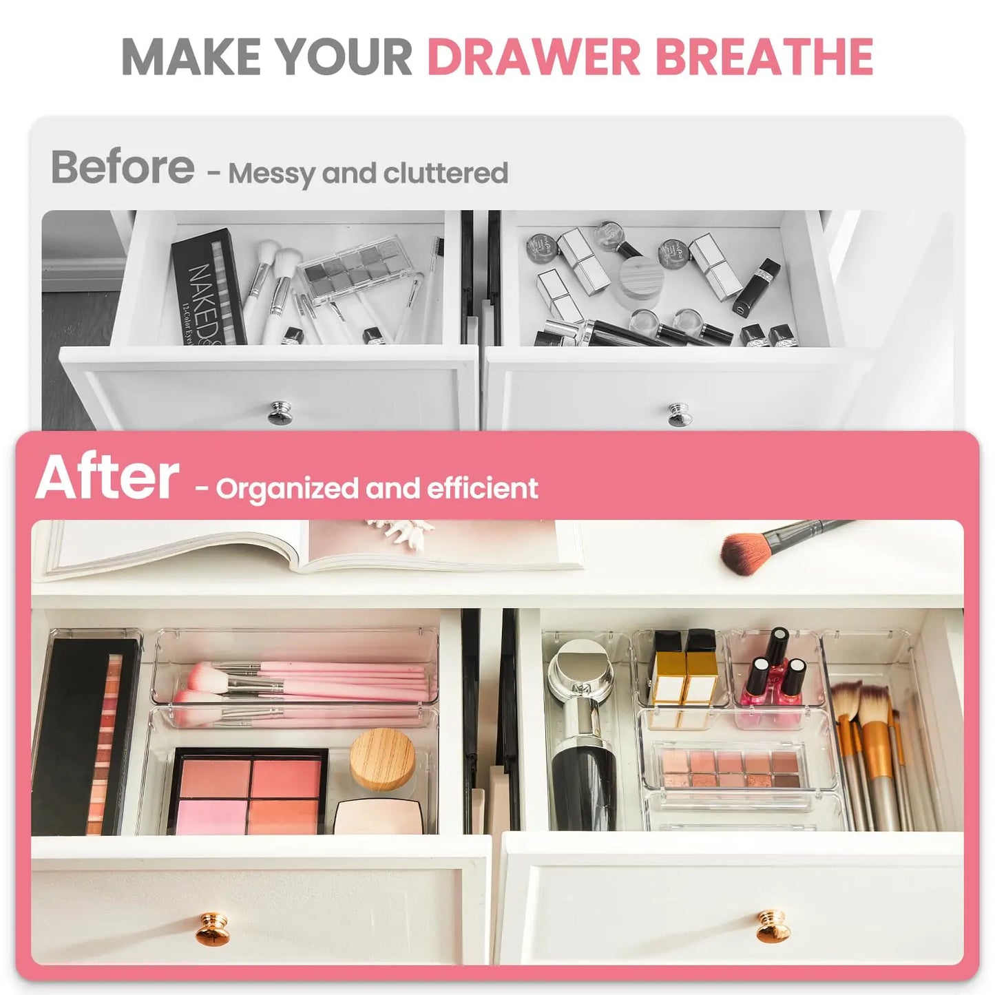 Clear Plastic Drawer Organizers 4 Sizes Makeup storage Bins Home Dresser Office Kitchen Drawer Separator sundries Organization
