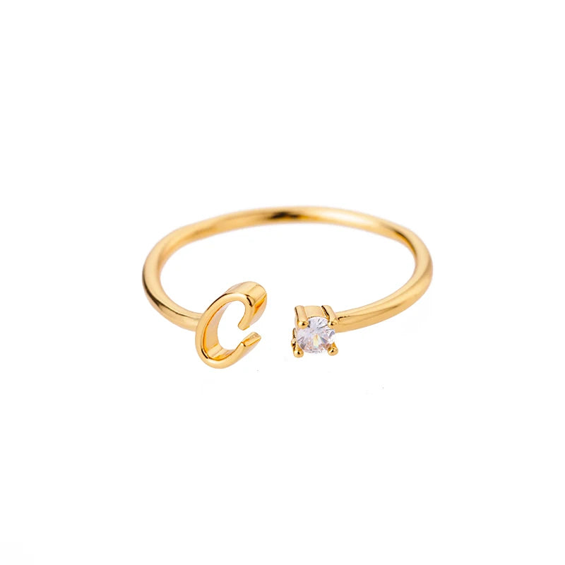 Zircon Tiny Initial Letter Rings For Women Stainless Steel A-Z Letters Adjustable Ring Female Christmas Aesthetic Jewelry Gift