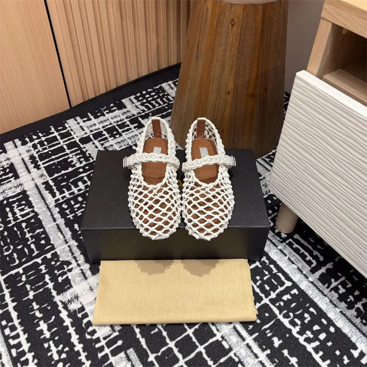 2025 Summer Ballet Shoes Women's Mary Jane Shoes Women's Flat Bottom Mesh Fishing Net Hollow Single Shoes Sandals
