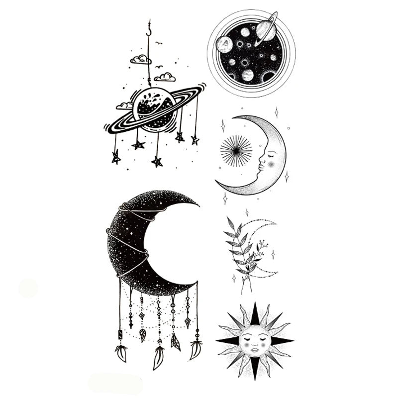 Tattoo Sticker Sun Moon Planet Temporary Waterproof  Flash Makeup Hand Arm Neck Fake Fake Body Art for Men Women