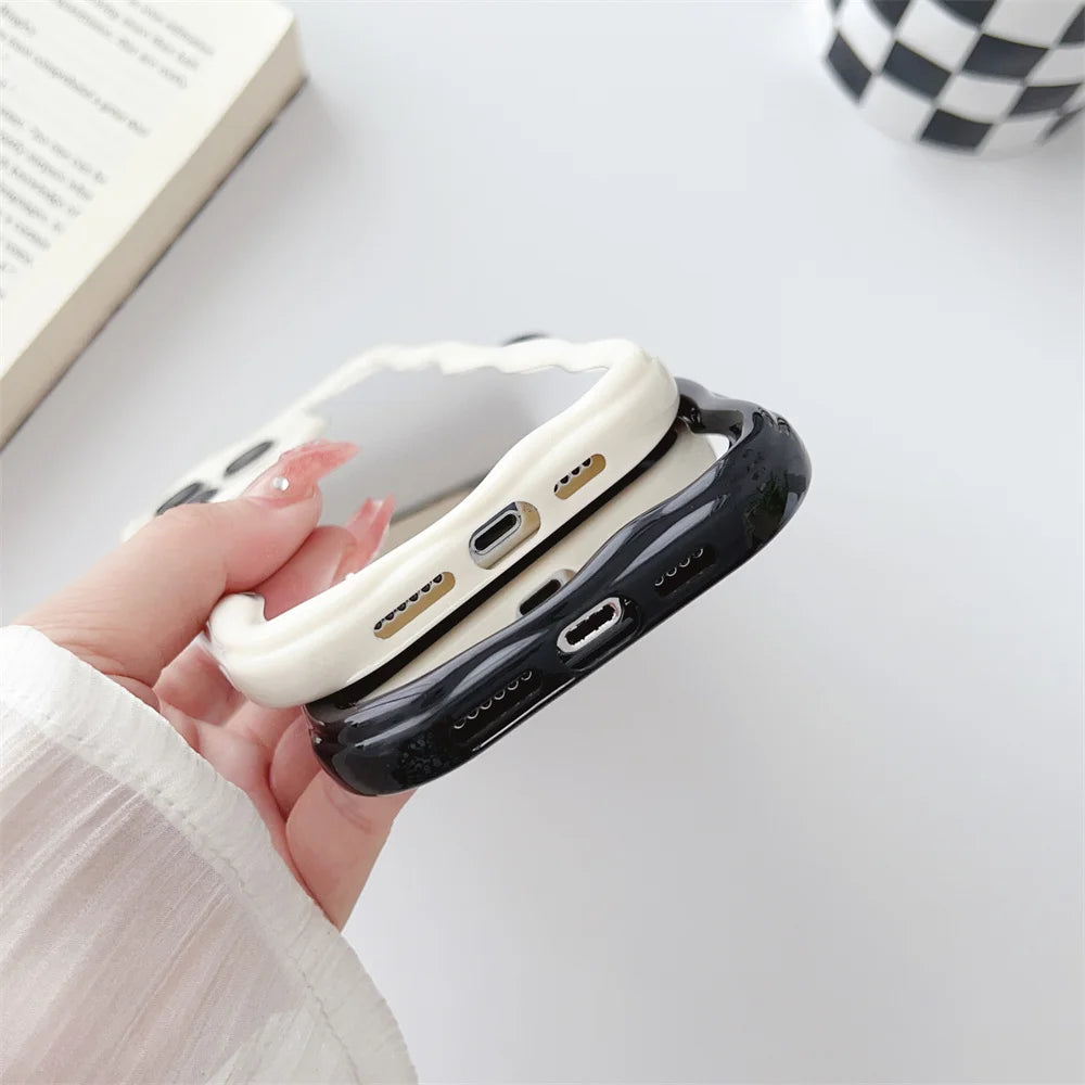 Luxury Curly Wave Makeup Mirror Case For iphone 15 14 Plus 11 12 13 Pro Max Mini XR XS Max 7 8Plus Clear Mirror Shockproof Cover