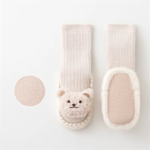 Autumn Winter Infant Leather Sole Shoes Mink Velvet Thicken Warm Newborn Baby Walking Socks Shoe Cartoon Bear Kids Floor Socken