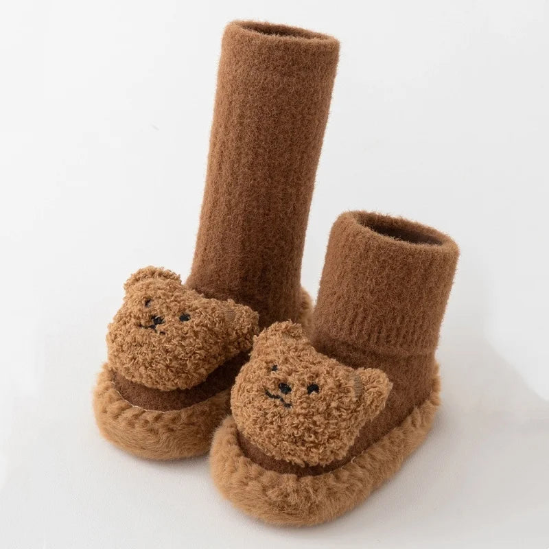 Autumn Winter Infant Leather Sole Shoes Mink Velvet Thicken Warm Newborn Baby Walking Socks Shoe Cartoon Bear Kids Floor Socken