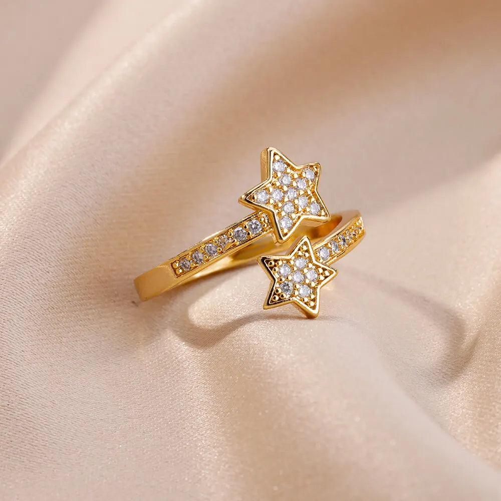 Zircon Double Star Rings For Women Gold Color Stainless Steel Opening Stars Finger Ring Wedding Party Aesthetic Jewelry Gift