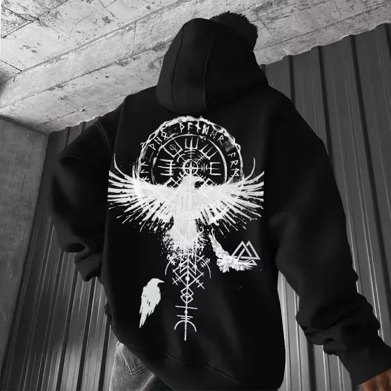 Men's Viking Totem Printed Hooded Sweatshirt Y2K Hooded Sweatshirt Loose Eagle Pattern Sportswear