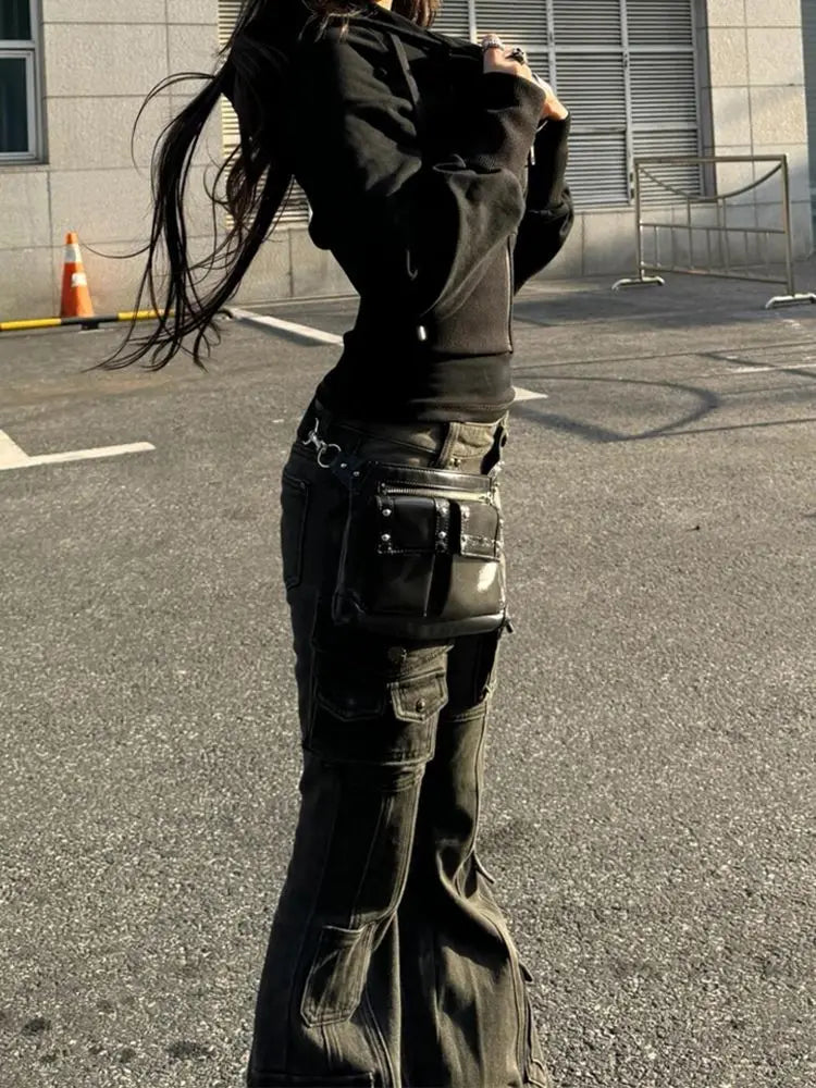 Deeptown Y2k Vintage Punk Women Flared Jeans Harajuku Distressed Low Waist American Style Denim Cargo Pants Grunge Gyaru Casual