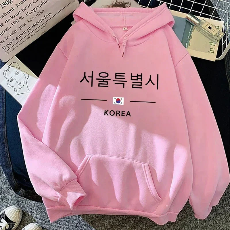 Seoul Korea Print Hoodie Woman High Quality Hoode Long Sleeve Pullover Fall Winter Female Daily Casual Sport Loose Sweatshirt
