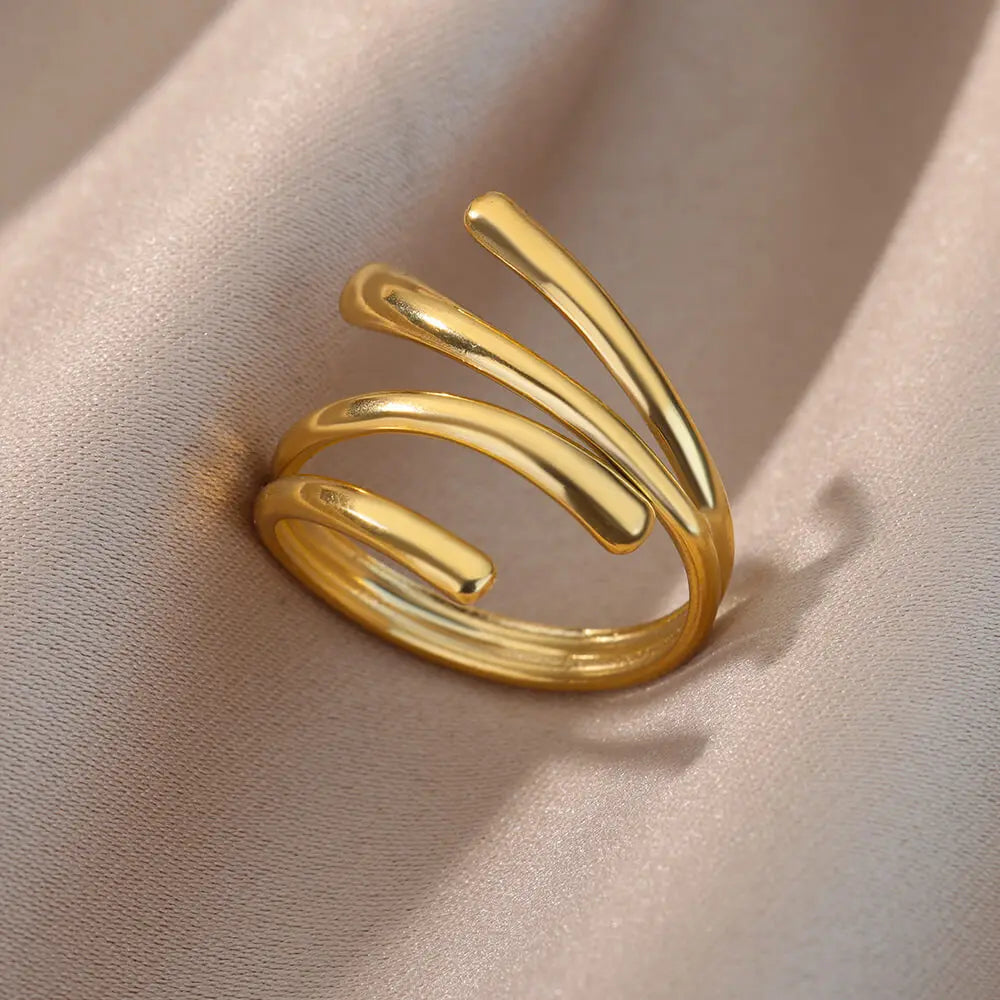 Stainless Steel Irregular Geometric Open Rings For Women Gold Color Texture Couple Wedding Ring Trendy Elegant Aesthetic Jewelry