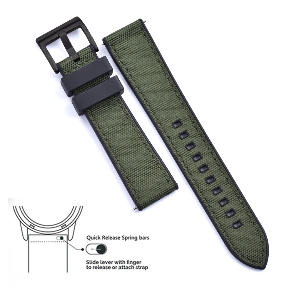 High Quality FKM Canvas Watch Strap 20mm 22mm Hybrid Fluoro Rubber Nylon Watchbands Quick Release For Each Brand Diving Watches