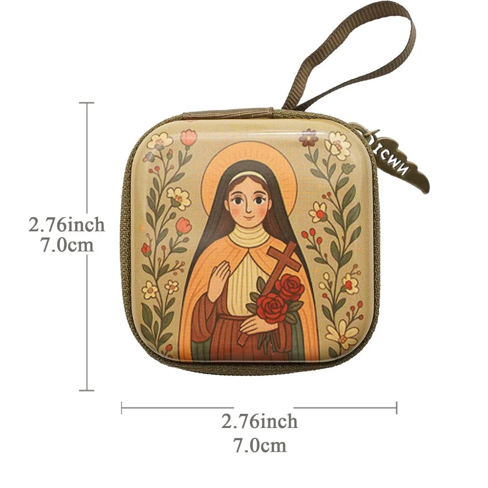 Portable Virgin Mary Prayer Rosary Storage Bag 7x7cm Zippered Religious Articles Cartoon Elegant Prayer Kit Devotees