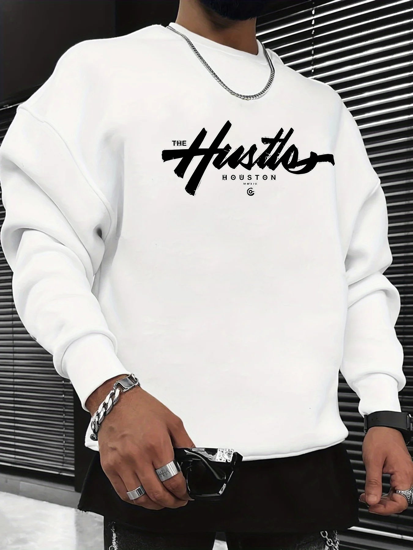 Men's autumn and winter fashionable casual loose Houston letter graphic printed long sleeved round neck sweatshirt