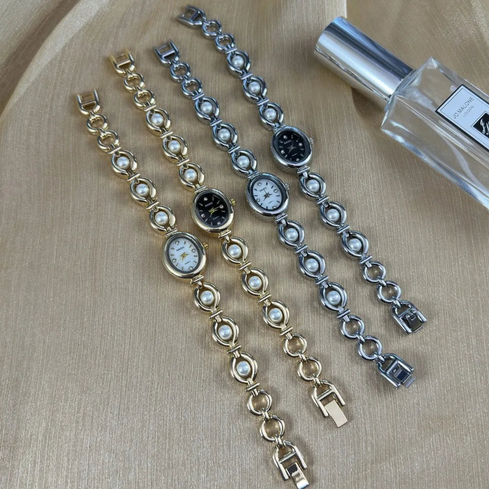 Fashion Women Watch Vintage Pearl Inlaid Strap Bracelet Watch Luxury Gift Ladies Quartz Watches Oval Dial Wristwatches