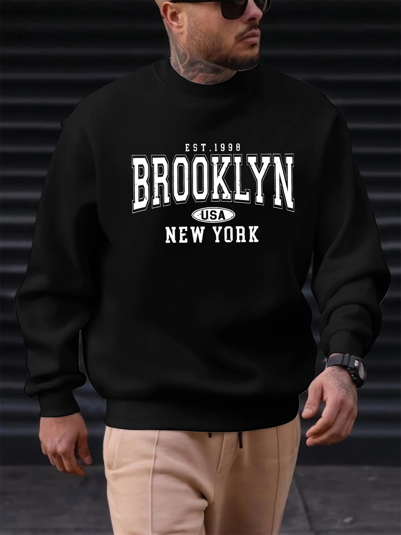 Men's autumn and winter fashionable casual loose Brooklyn letter pattern printed long sleeved round neck sweatshirt