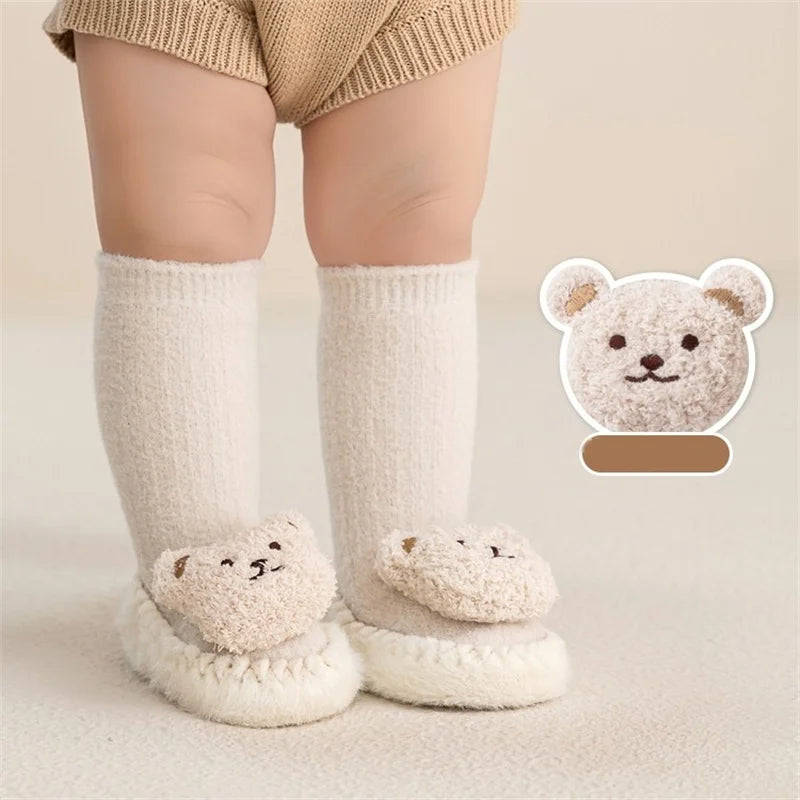 Autumn Winter Infant Leather Sole Shoes Mink Velvet Thicken Warm Newborn Baby Walking Socks Shoe Cartoon Bear Kids Floor Socken