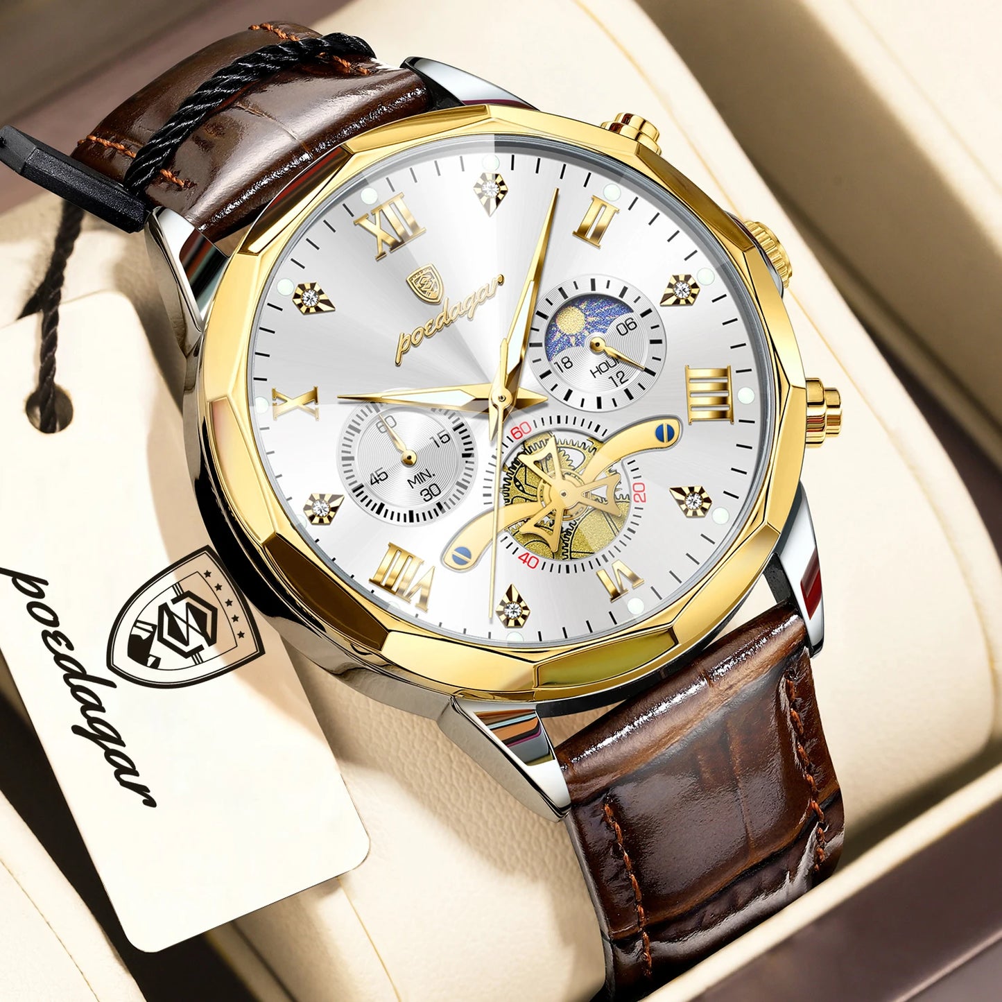 POEDAGAR Luxury Classic Men Clock Waterproof Luminous Chronograph Fashion Man Watch Leather Quartz Casual Business Men's Watches