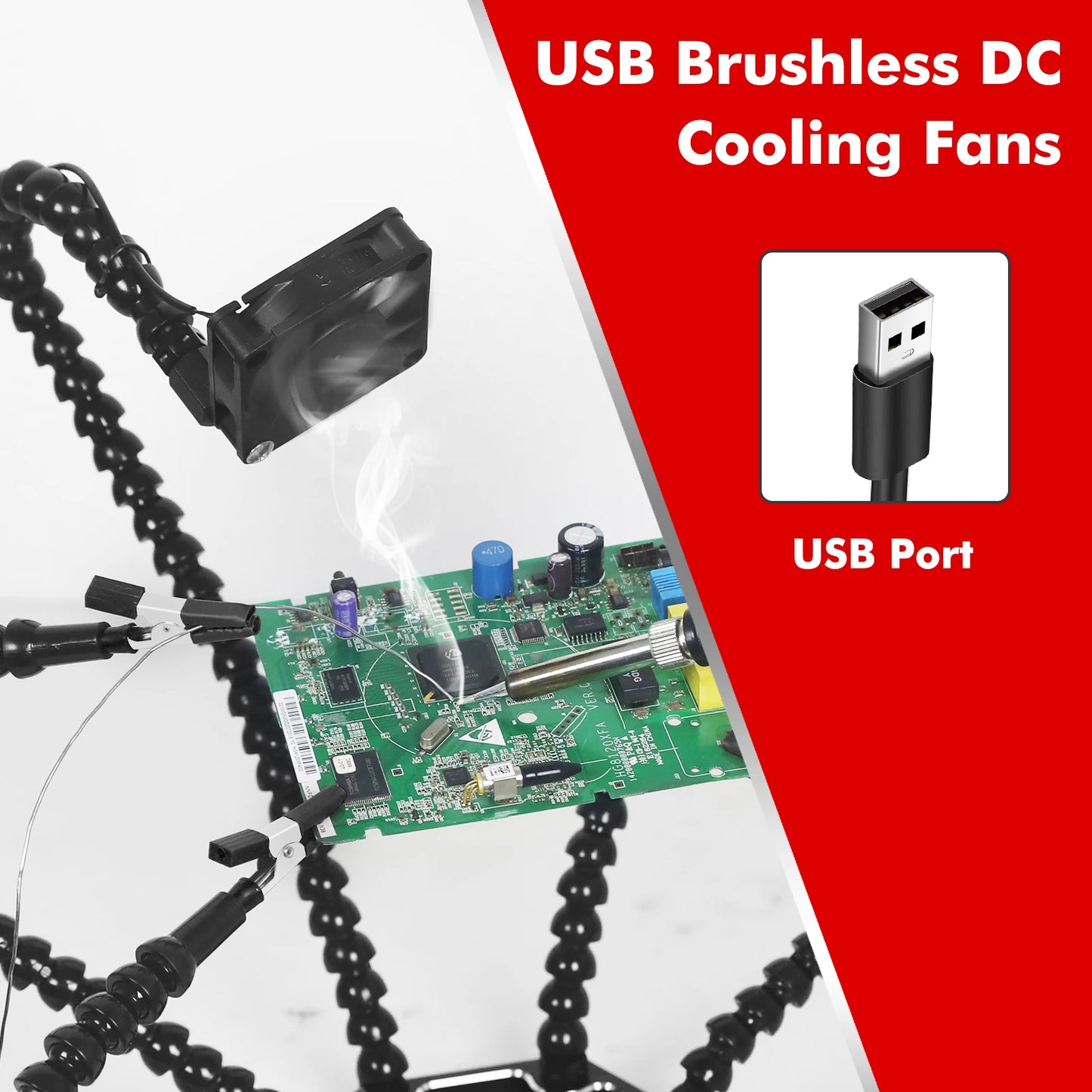 Toolour Helping Hand Soldering Third Hands with 6 Flexible Arms LED Flashlight Magnifying Glass Welding Smoke Exhaust Fan
