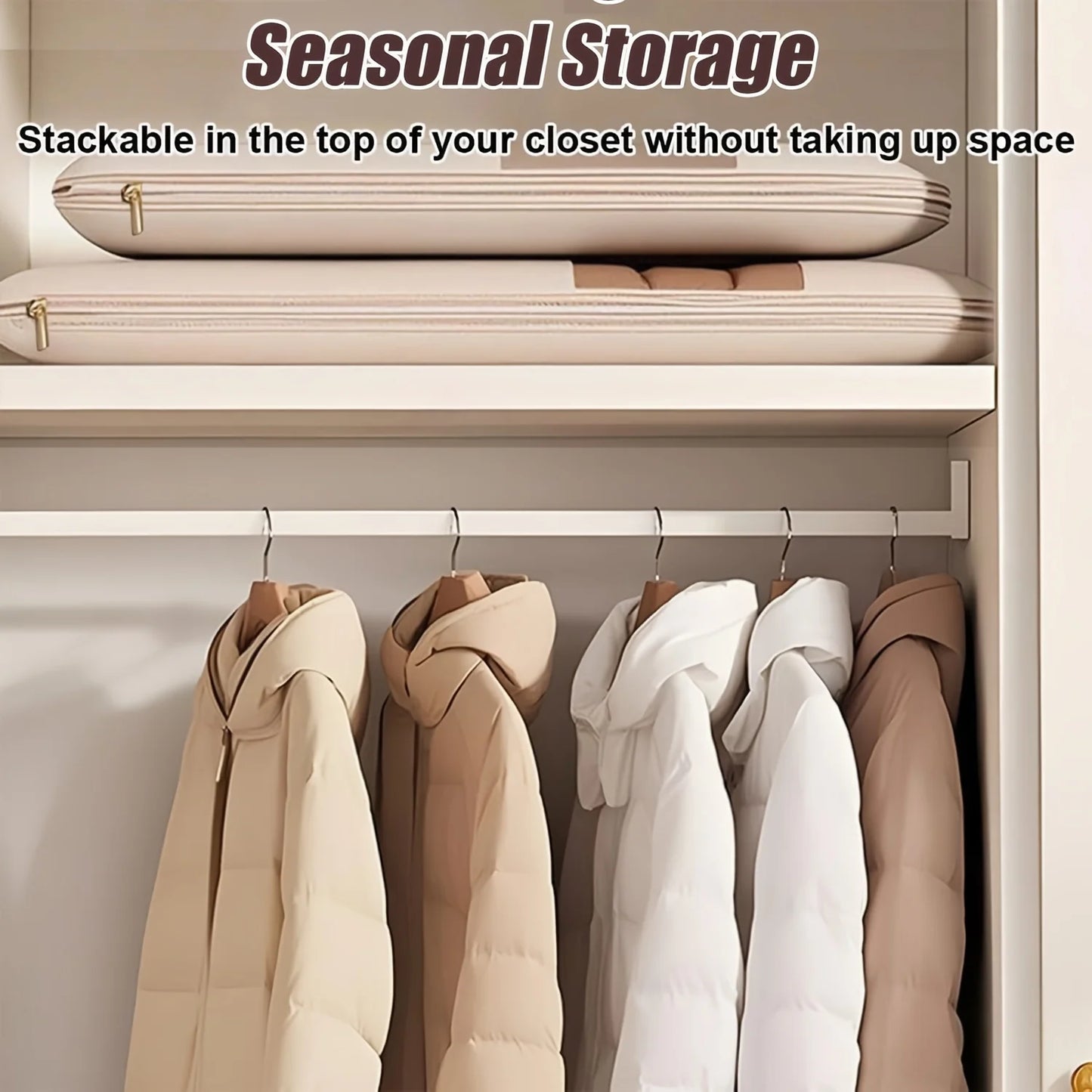 Beige Compression Hanging Bag, 40% Space-Saving Vacuum Seal, See-Through Storage with Durable Zipper for Winter Clothes