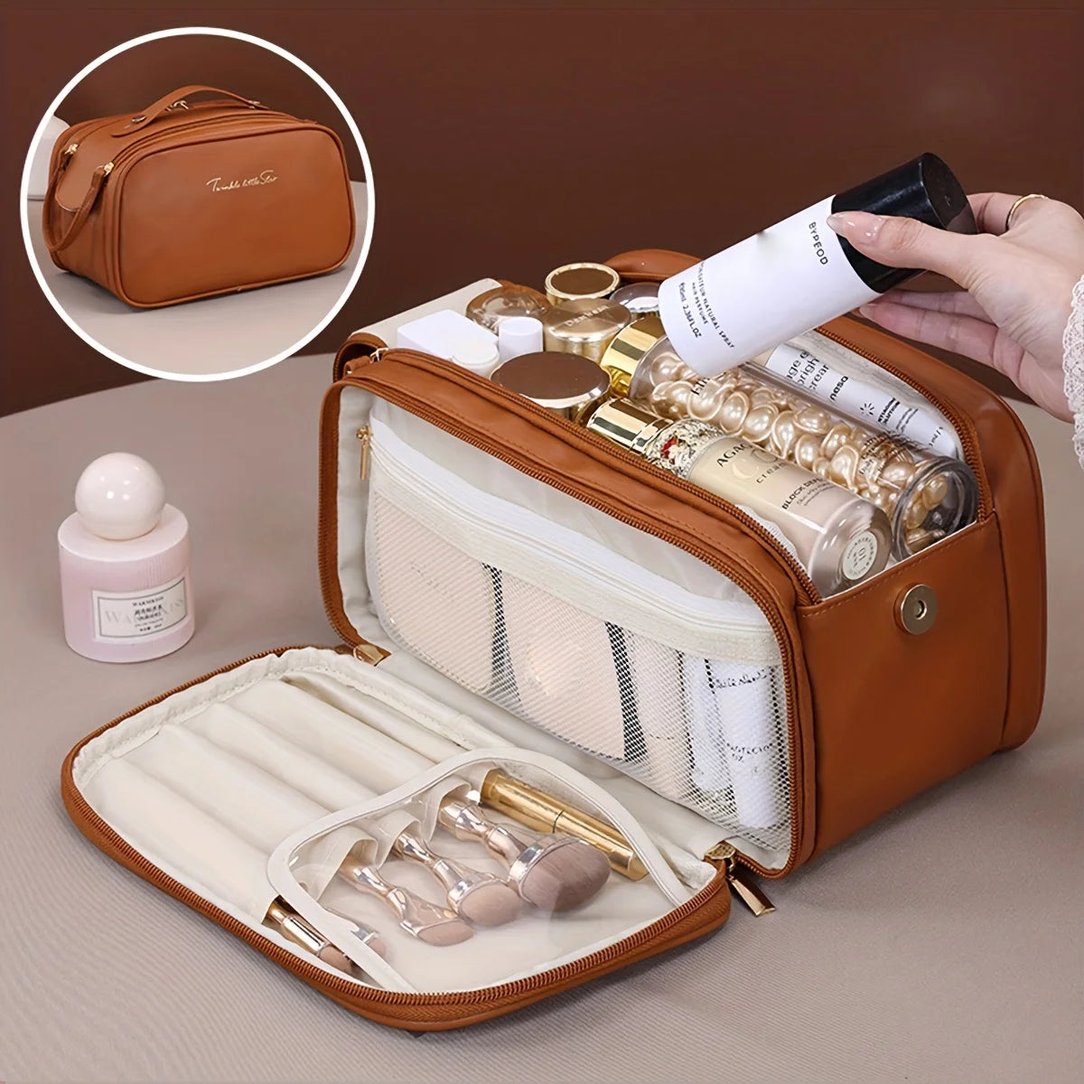 Multifunctional Makeup Bag For Women PU Leather Large Capacity Portable Double Zipper Travel Makeup Brush Toiletries Storage Bag
