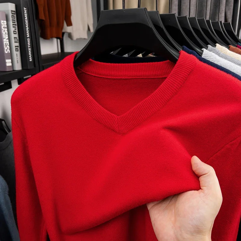 2026 Men's V-Neck Basic Solid Color Sweatshirt Warm Autumn Knitted Oversize Pullover Elastic round Neck Sweater for Casual Wear