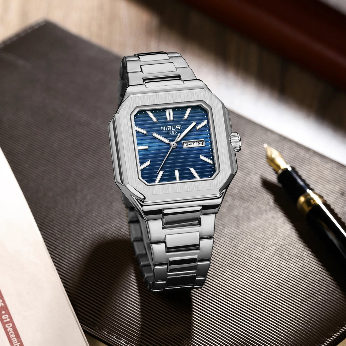 NIBOSI Square Fashion Man Wristwatch Waterproof Luminous Date Week Quartz Men's Watches Stainless Steel Luxury Men Watch Reloj