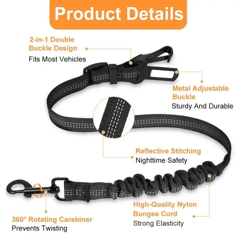 Universal Pet Safety Tether Leash For Car Travel Reflective Elastic 2-in-1 Adjustable Dog Car Seat Belt Harness