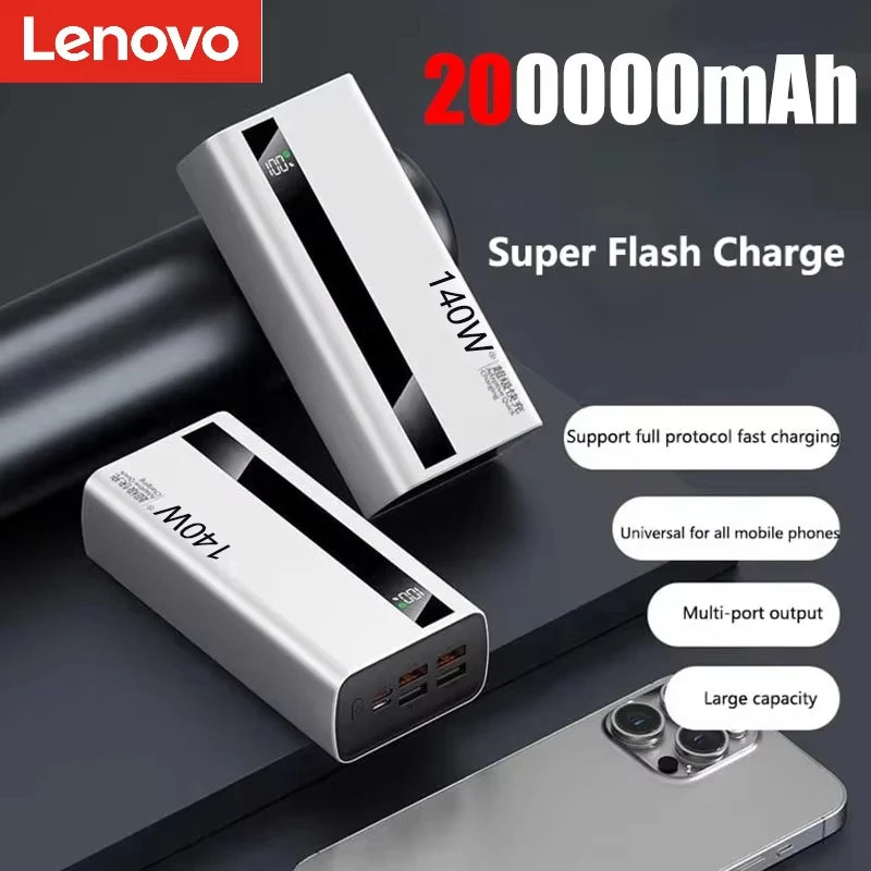 Lenovo 500000mah 140w Outdoor Large Capacity Power Bank Fast Charging External Spare Battery With Led Light Universal Multi New