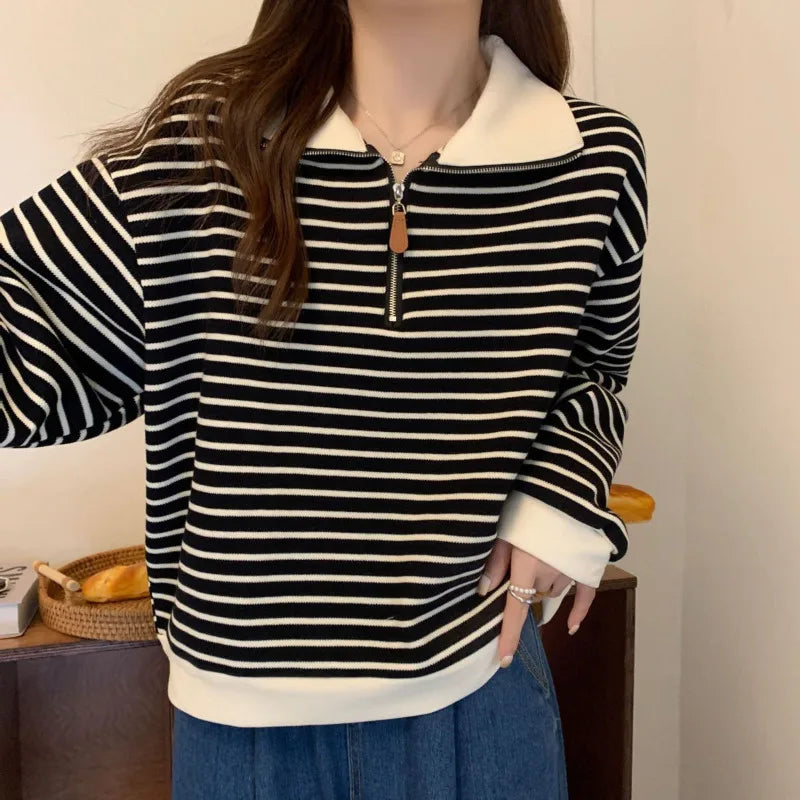 Women Striped Half Zip Sweatshirt Long Sleeve Collared Pullover Casual Fit  Fashion Oversized Streetwear Tops 2026 Tendencias